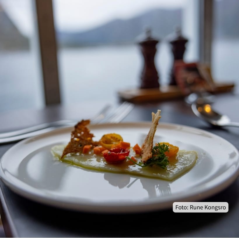 Beautifully plated dish with colorful vegetables, crispy garnishes, against an out-of-focus fjord view.