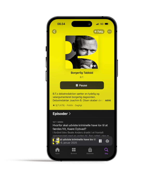 A smartphone displaying a podcast app for "Borgerlig Tabloid" with episodes listed.