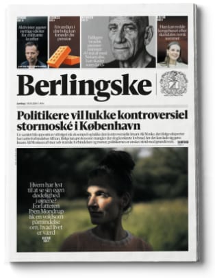Front page of the Berlingske newspaper with the headline "Politikere vil lukke kontroversiel stormoské i København."
