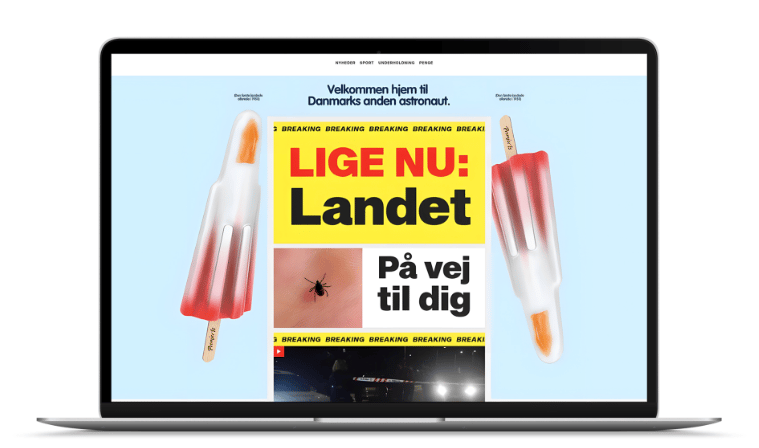 Laptop showing a Danish news website with "LIGE NU: Landet" headline, popsicles, and a tick image.