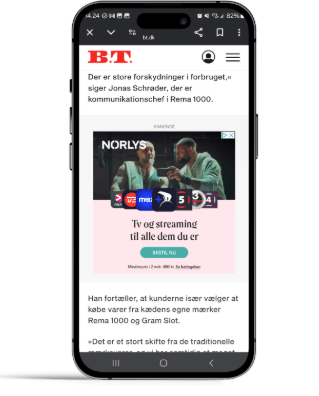 A smartphone displaying a B.T. news article and a "NORLYS TV og streaming" ad.