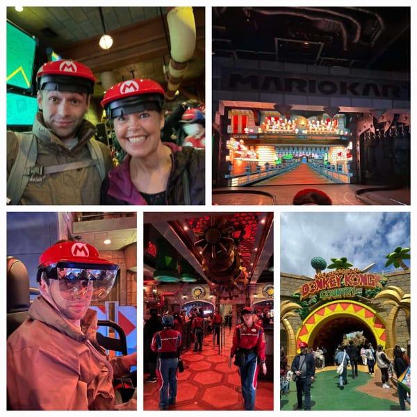 Collage of people enjoying Super Nintendo World, featuring Mario Kart, Donkey Kong Country, and themed gear.