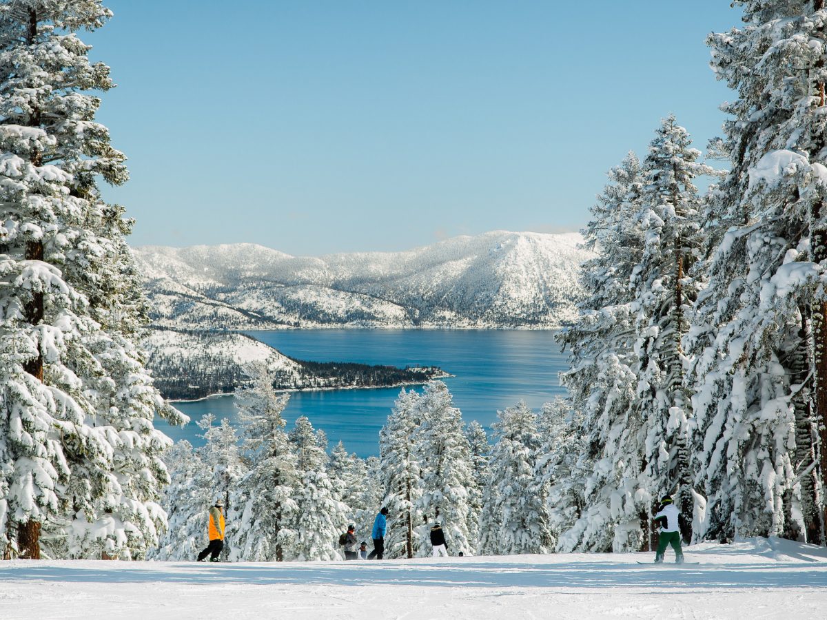 Winter ski slope with people, snow-covered trees, a large blue lake, and snowy mountains.