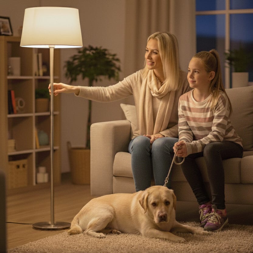 Woman and girl with their dog in a cozy living room, adjusting a floor lamp at night.