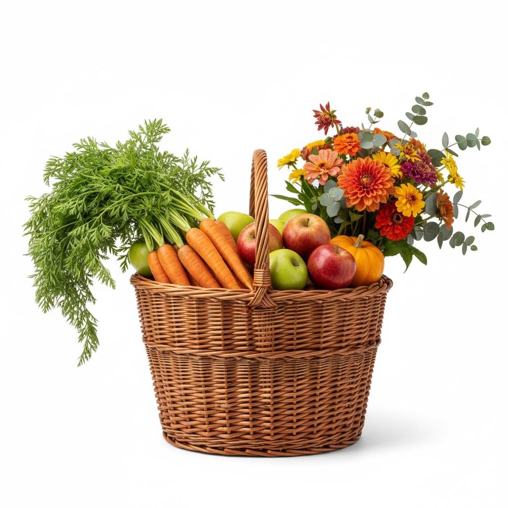 Fall harvest basket: carrots, apples, pumpkin, and colorful autumn flowers on white.