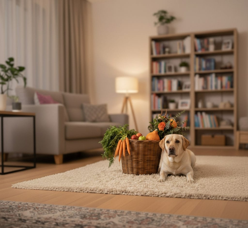 A yellow Labrador on a rug beside a harvest basket in a warm living room.