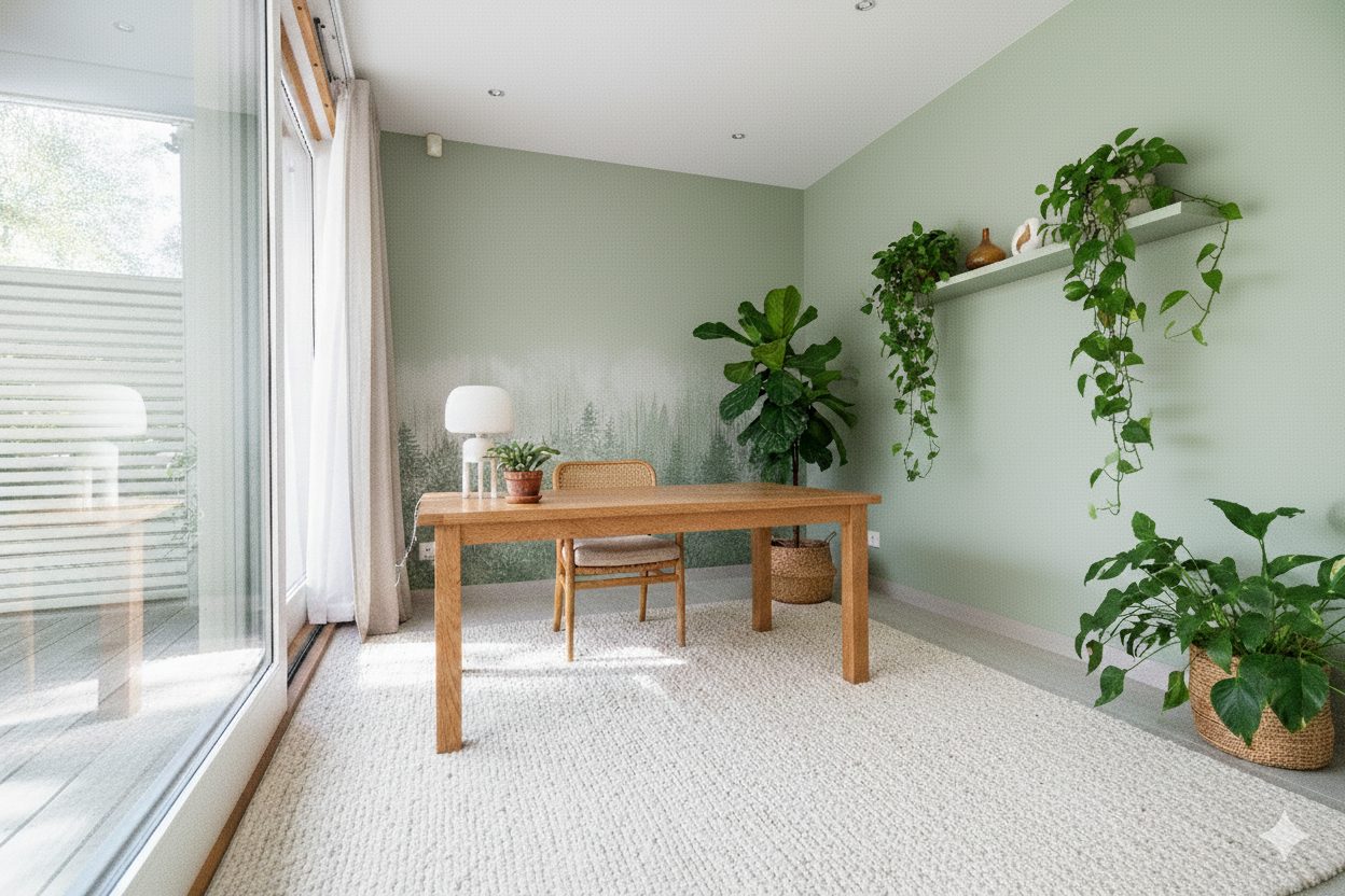 Light green home office with a wooden desk, many plants, a white rug, and a large glass door.