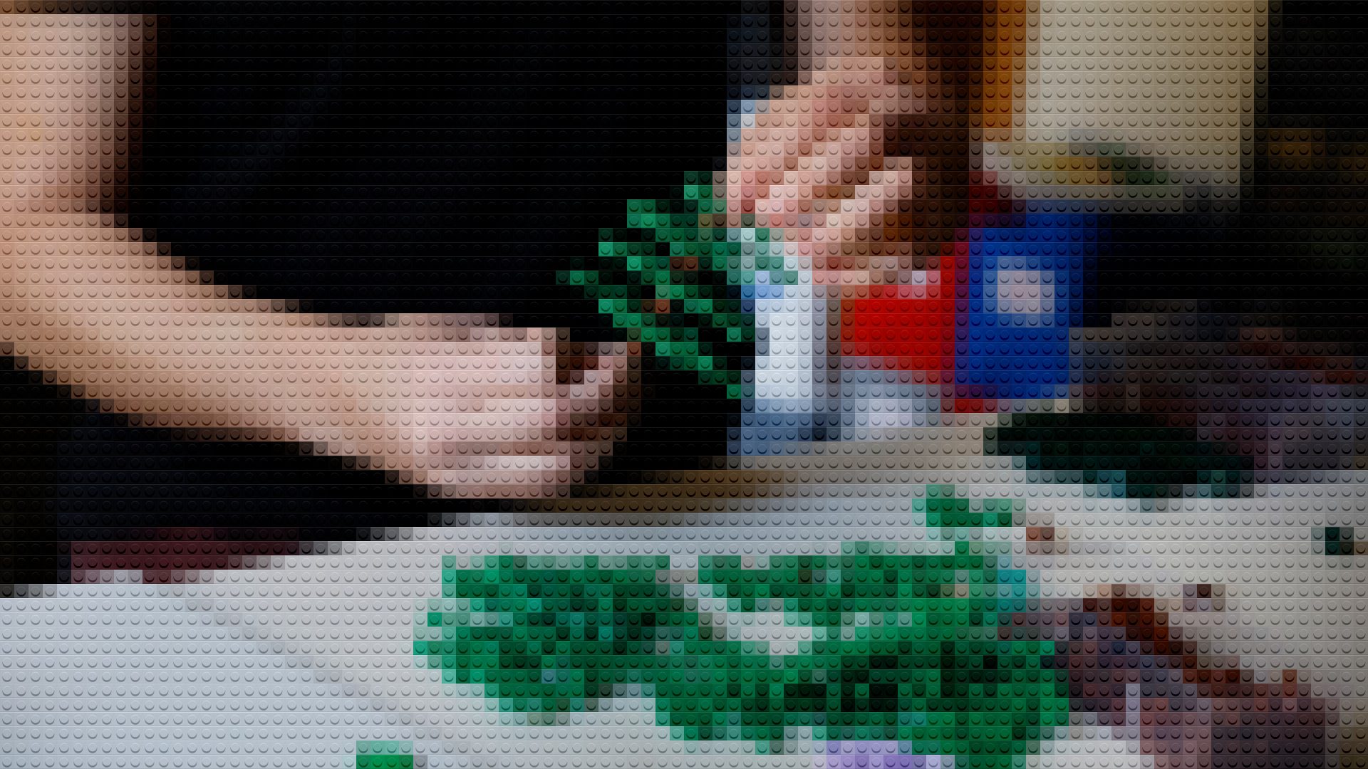LEGO mosaic: Person's hands and face near green foliage, with colorful blocks.