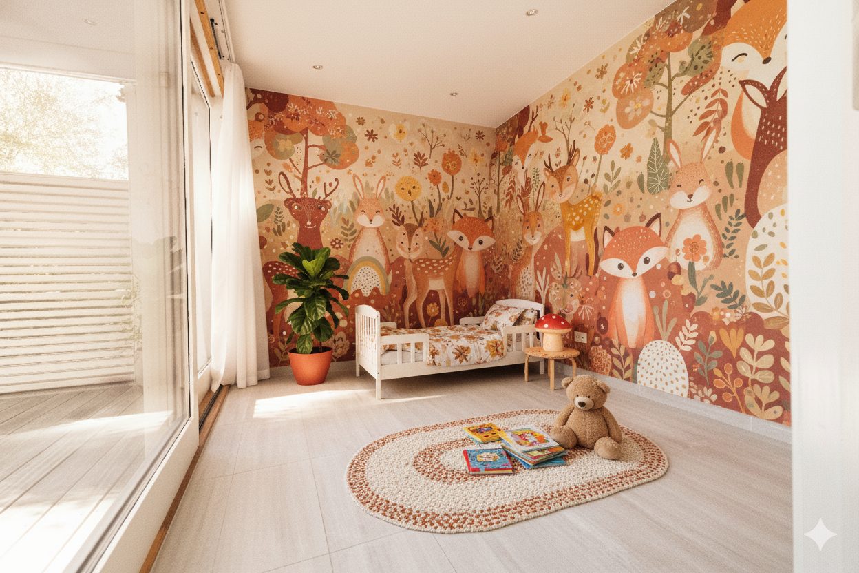 Whimsical child's room with woodland animal wallpaper, small bed, teddy bear, and window.