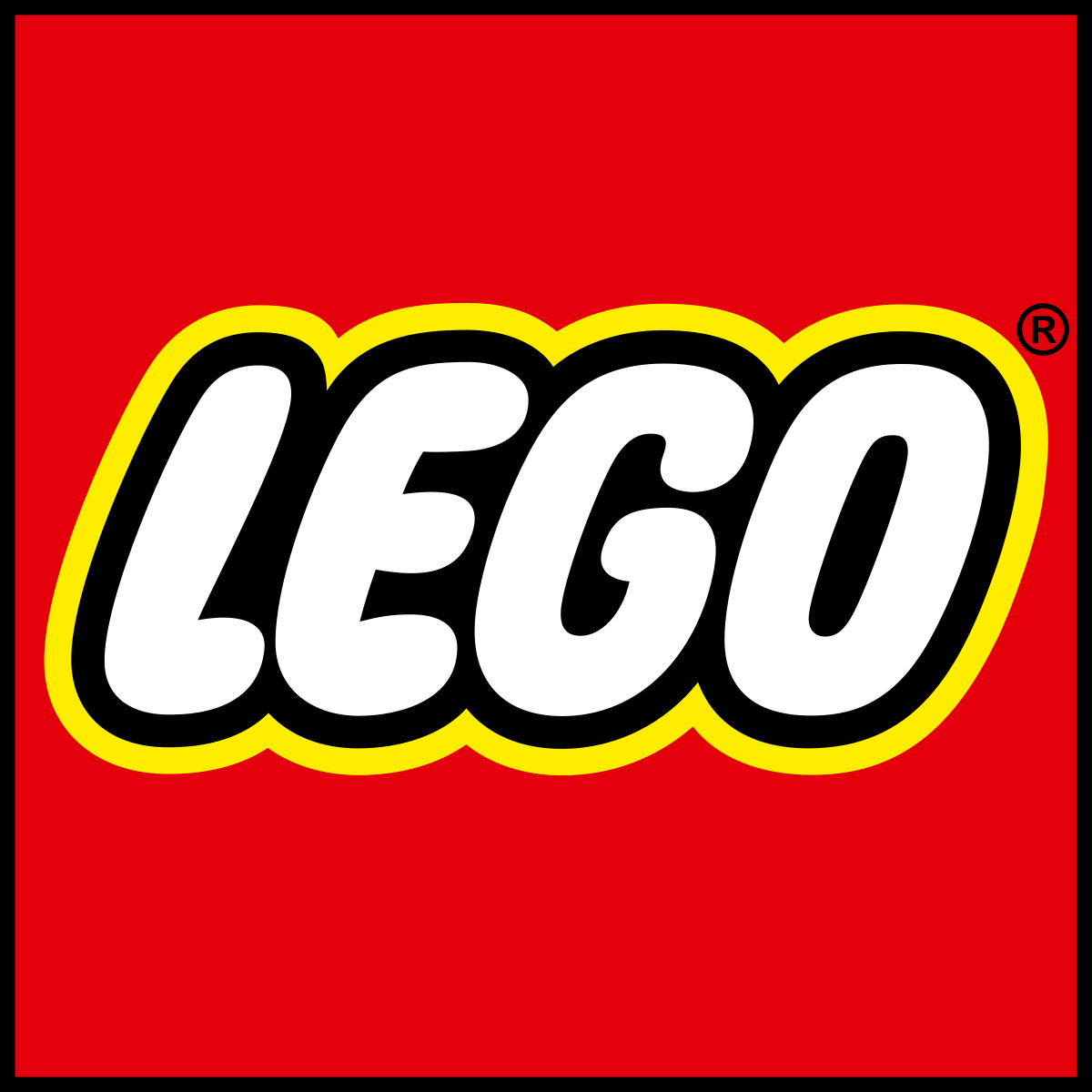 Red square LEGO logo with white letters, yellow and black outline, and registered trademark symbol.