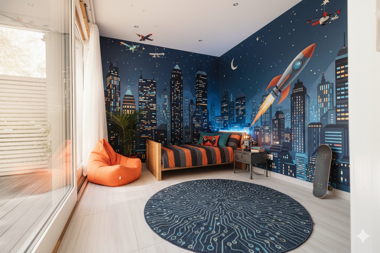 Vibrant kids' room: city mural, rocket, planes, striped bed, orange beanbag, circuit rug, skateboard.