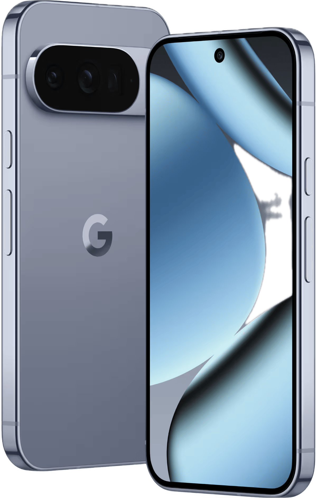 Two grey smartphones: back view with camera bar and G logo, front view with punch-hole screen.