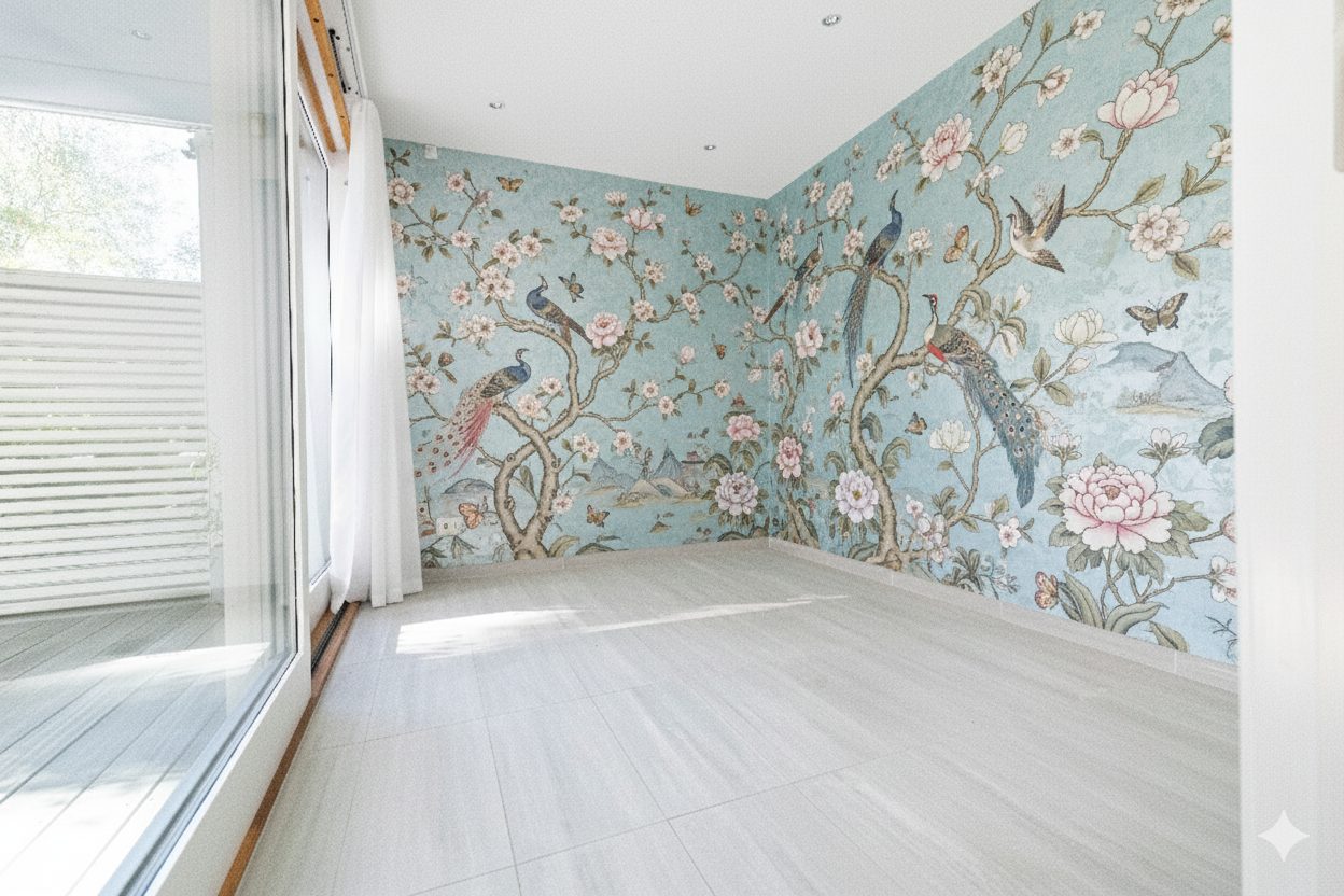 Empty room with chinoiserie peacock and floral wallpaper, light tile floor, and large glass door.