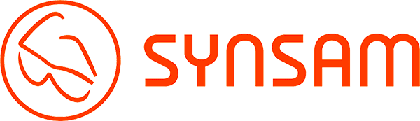 Orange SYNSAM logo with an abstract circular design on a dark green background.