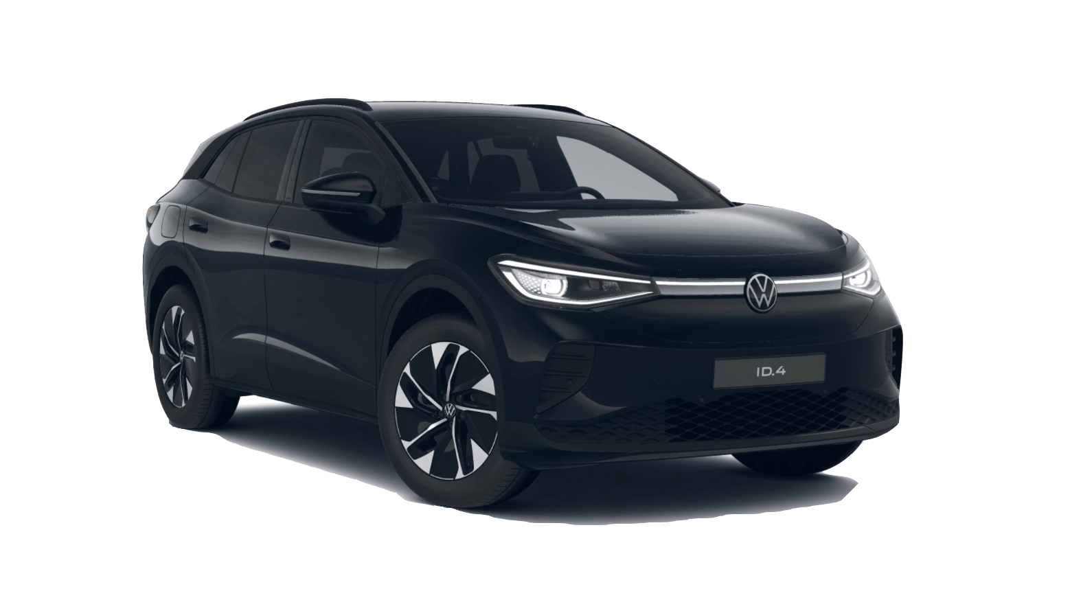 Black VW ID.4 electric SUV, front 3/4 view.