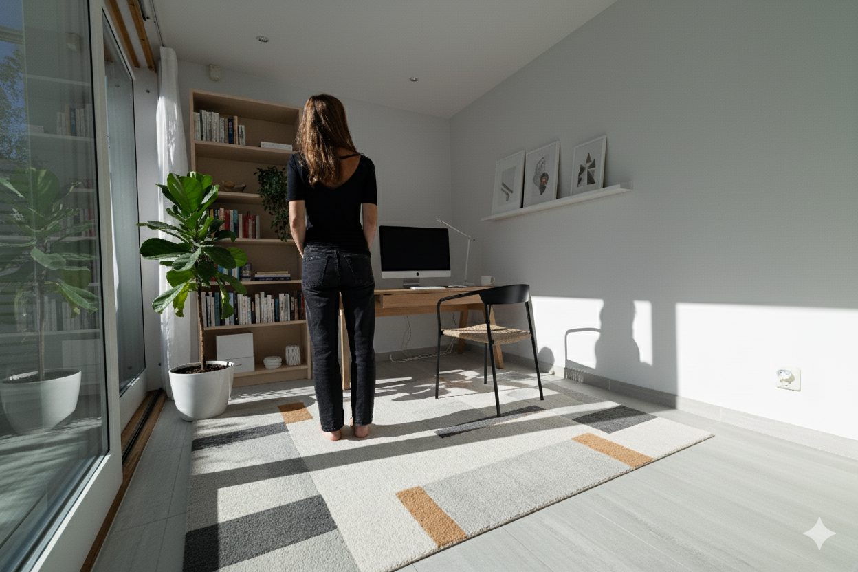 Woman in a sunny modern home office with a plant, bookshelf, desk, and geometric rug.