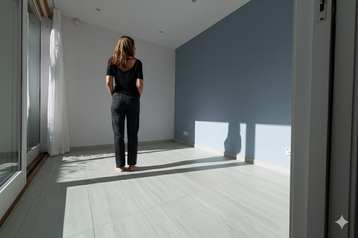 Woman in empty room with blue wall, sunlit floor.