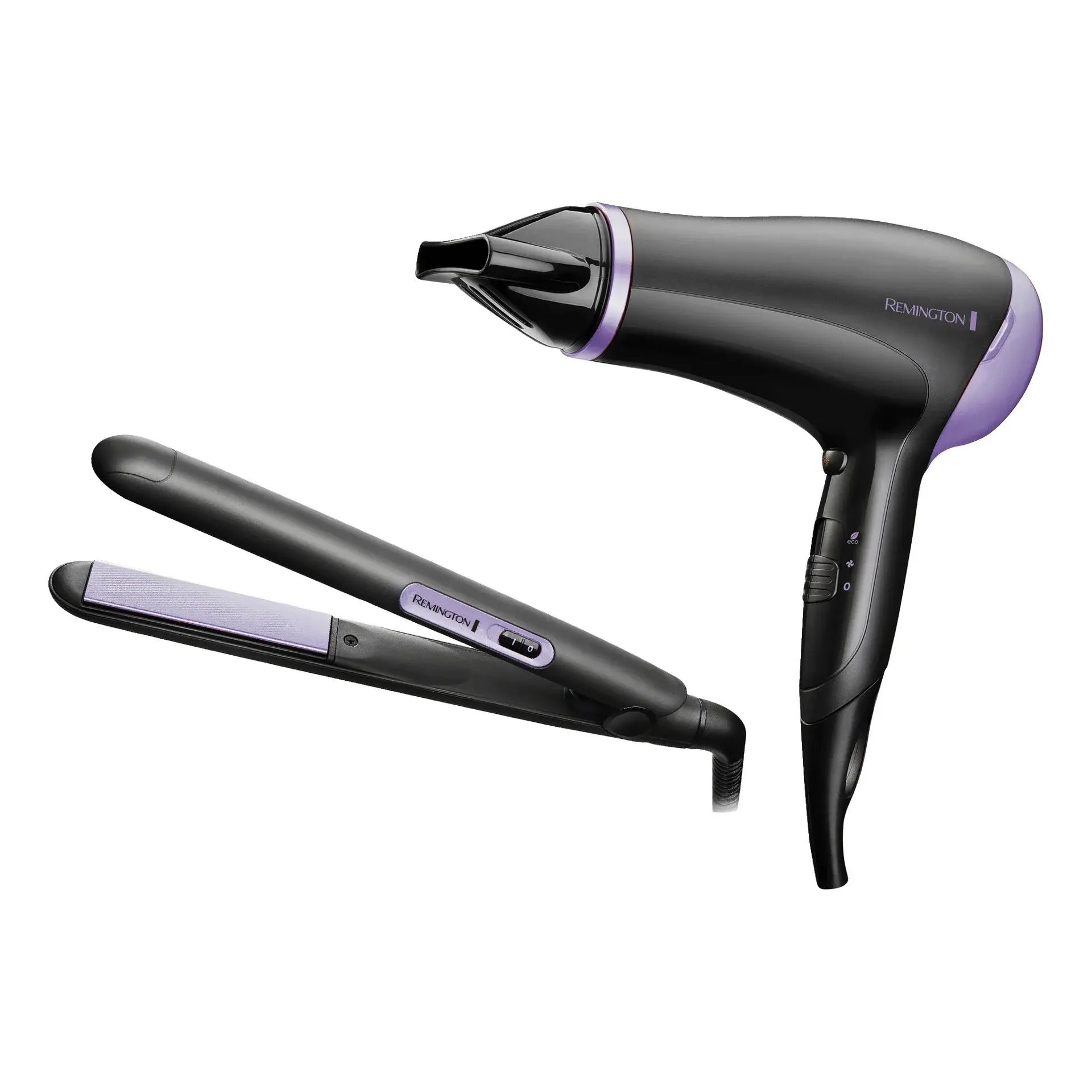 Remington hairdryer and hair straightener set in black and purple.