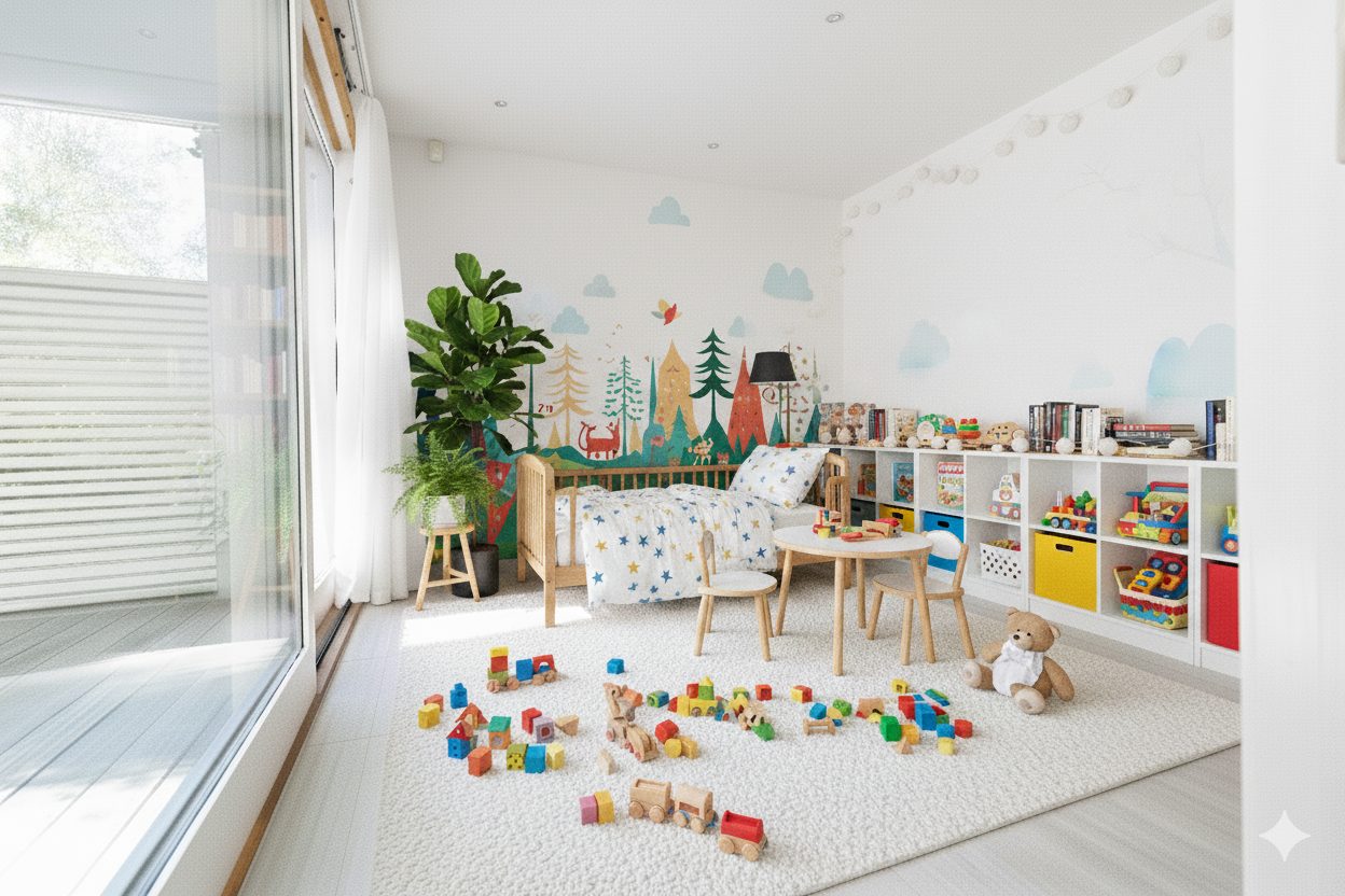 A bright child's room with a colorful forest mural, bed, play table, toy shelves, and blocks on a rug.