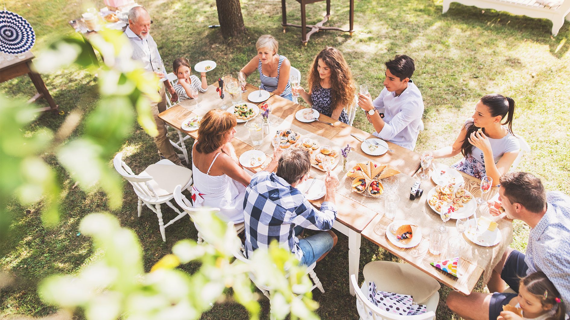 Food, Table, Plant, Tableware, Sharing, Chair, Grass