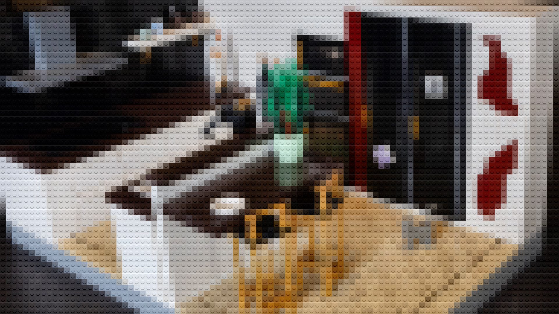 Lego mosaic of a face with a partial red and white Coca-Cola logo.