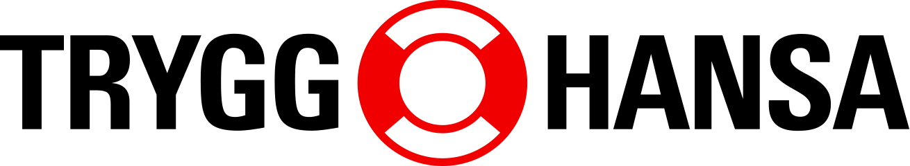 Trygg-Hansa logo: bold black text 'TRYGG' and 'HANSA' flanking a red and white lifebuoy on green.