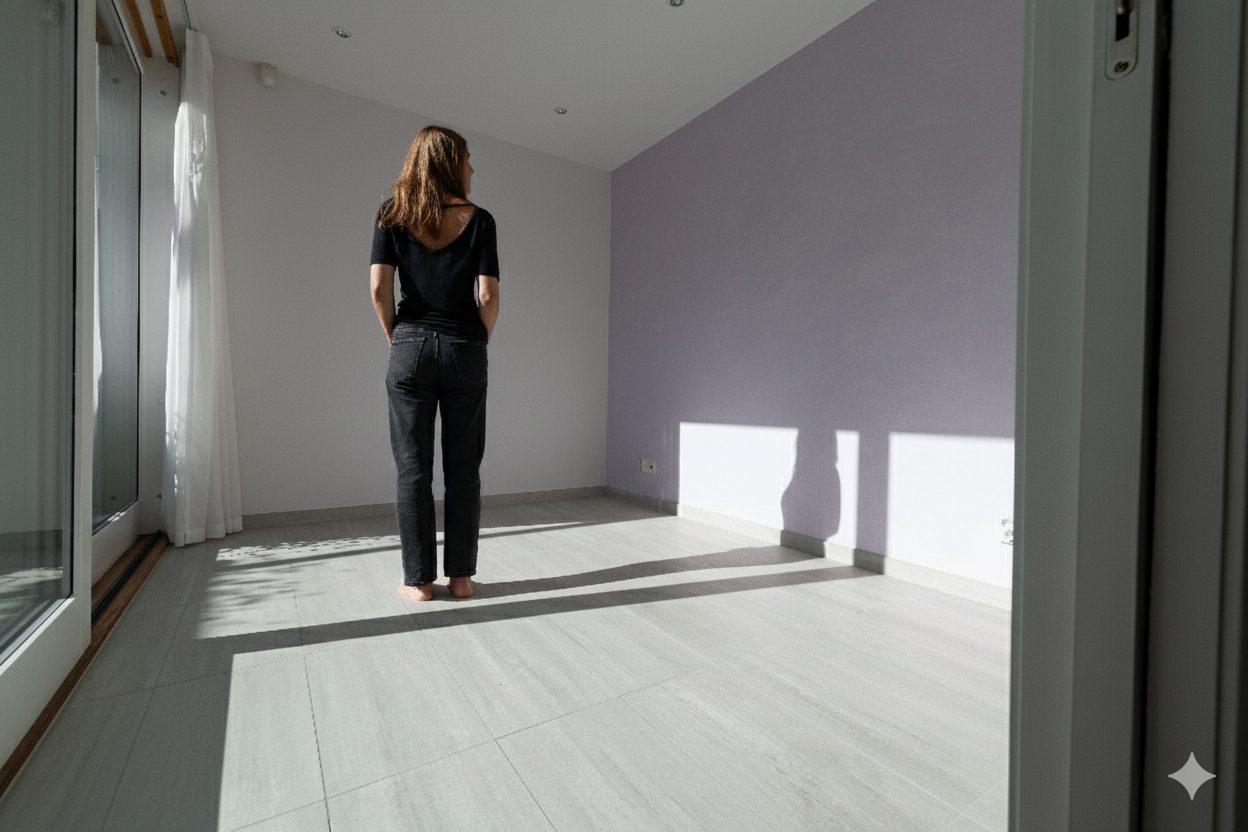 A woman stands in an empty room with a purple wall, bathed in sunlight from a window.