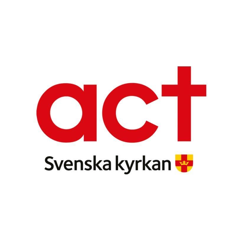 Act Svenska kyrkan logo: red 'act' with cross, 'Svenska kyrkan' text below, and a crown emblem.