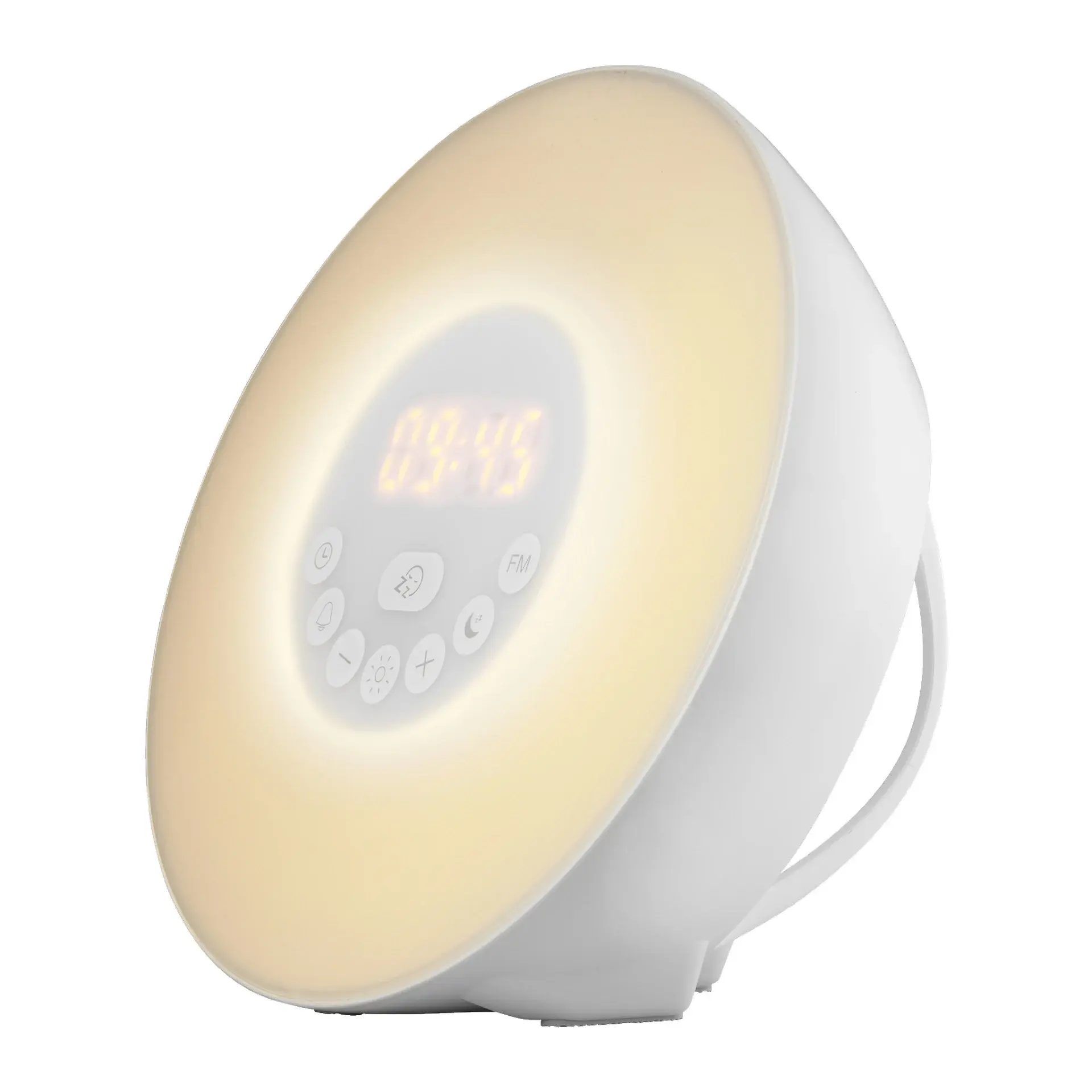 White oval sunrise alarm clock with warm glow, showing 09:49 and control buttons.
