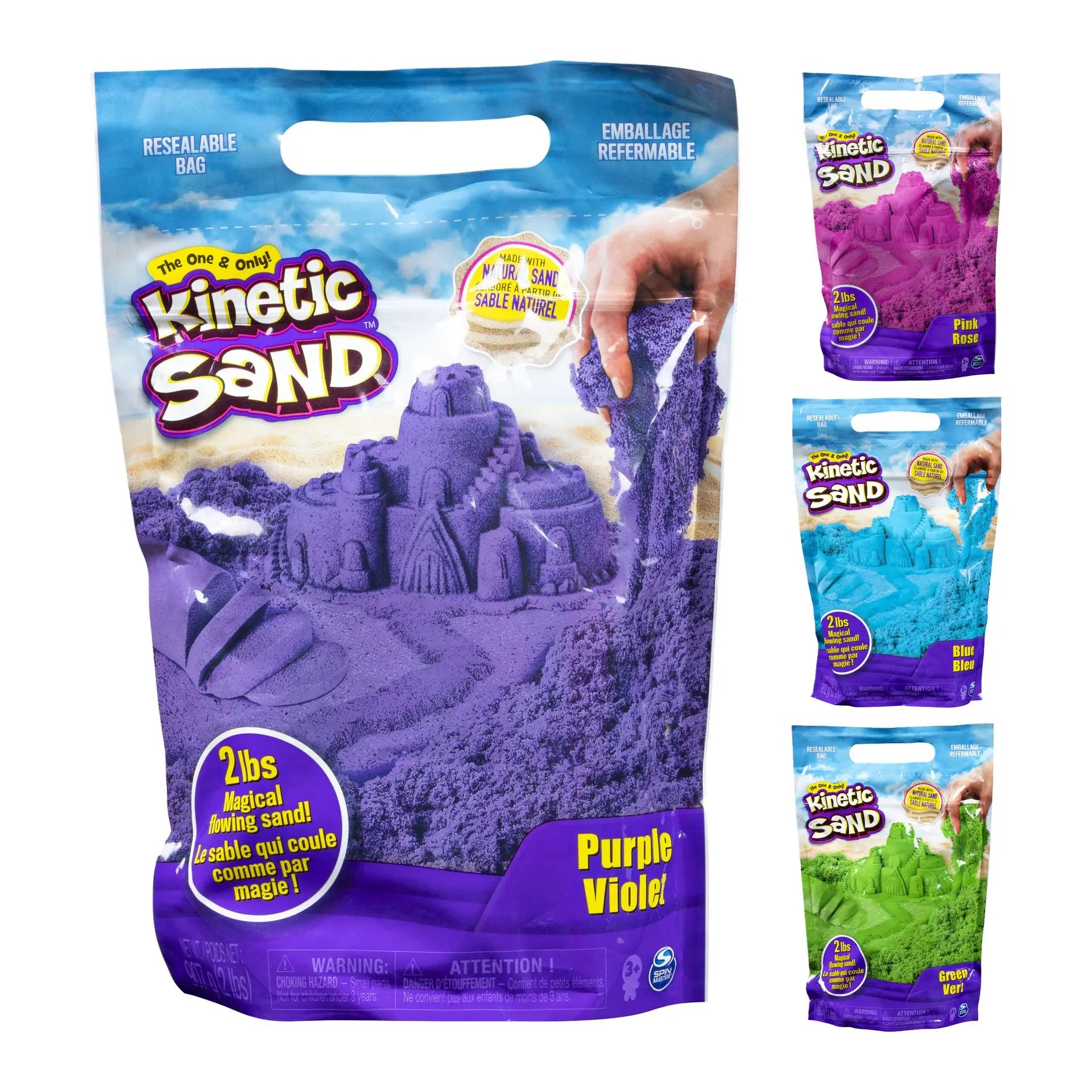 Kinetic Sand bags: a prominent purple, plus pink, blue, and green, featuring its magical flowing sand.