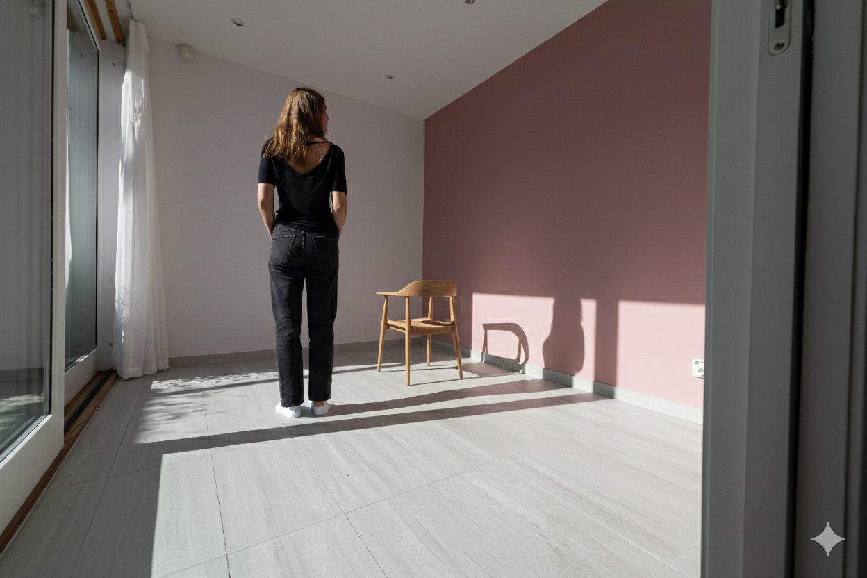 Woman stands in a sunlit room with white and pink walls, light floor tiles, and a wooden chair.