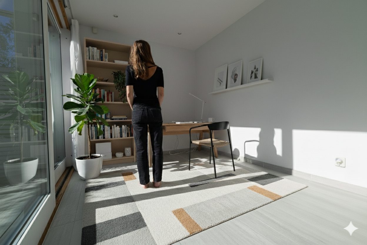 A woman stands in a bright, minimalist home office with a bookshelf, desk, large window, and geometric rug.