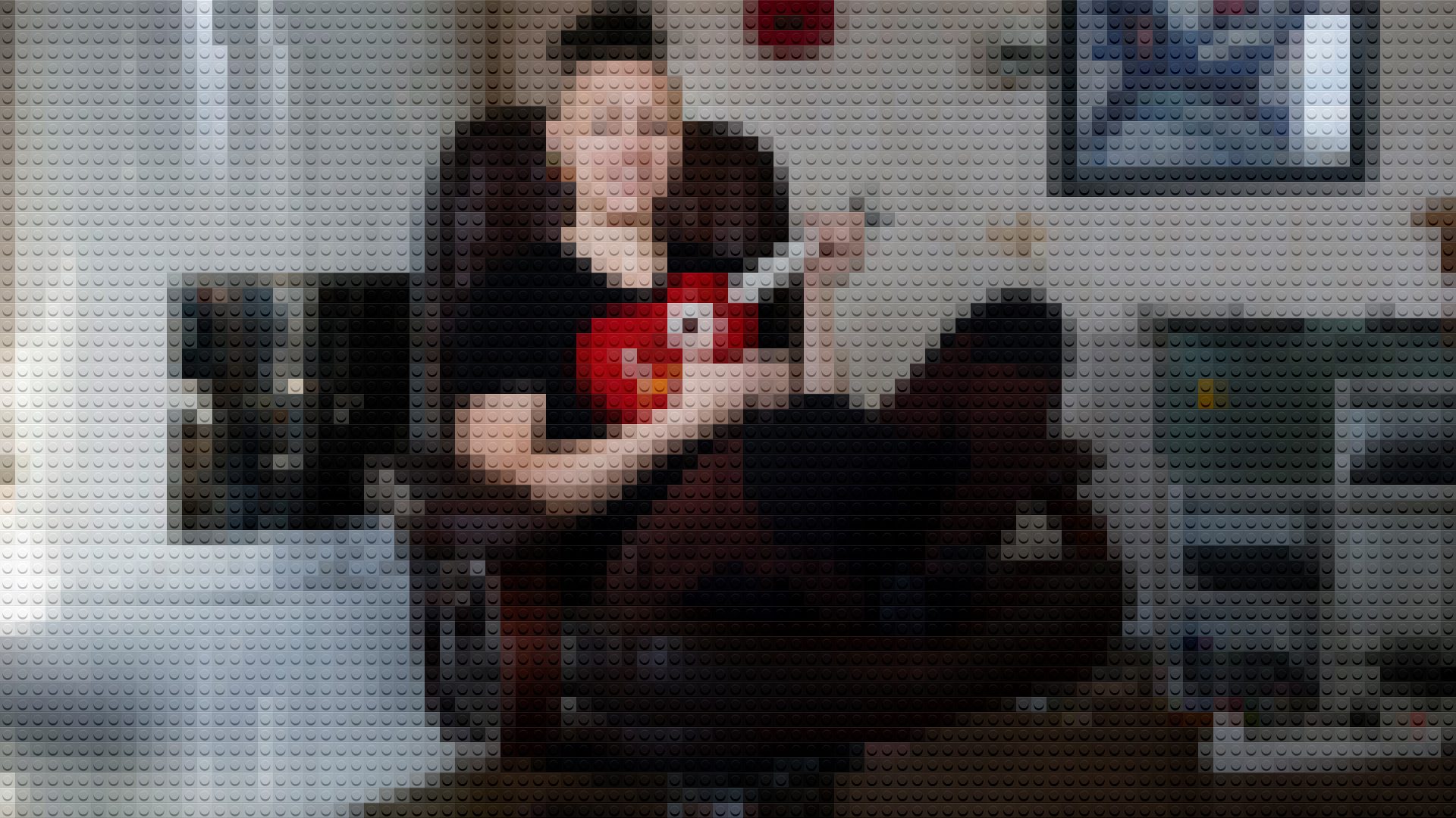Lego mosaic depicting a person holding a red Angry Birds mug.