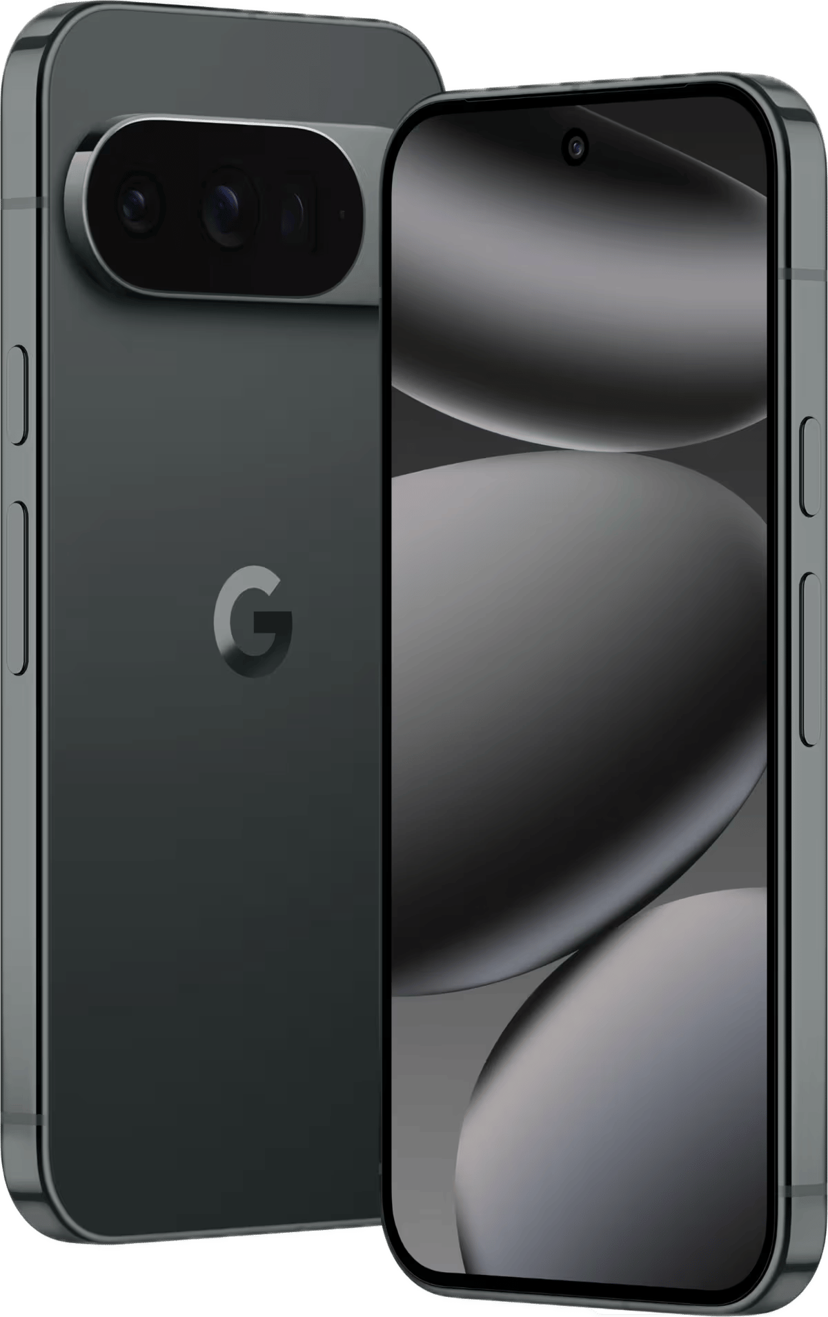 Two dark grey smartphones: one back with camera bar and Google logo, one front with screen and punch-hole camera.