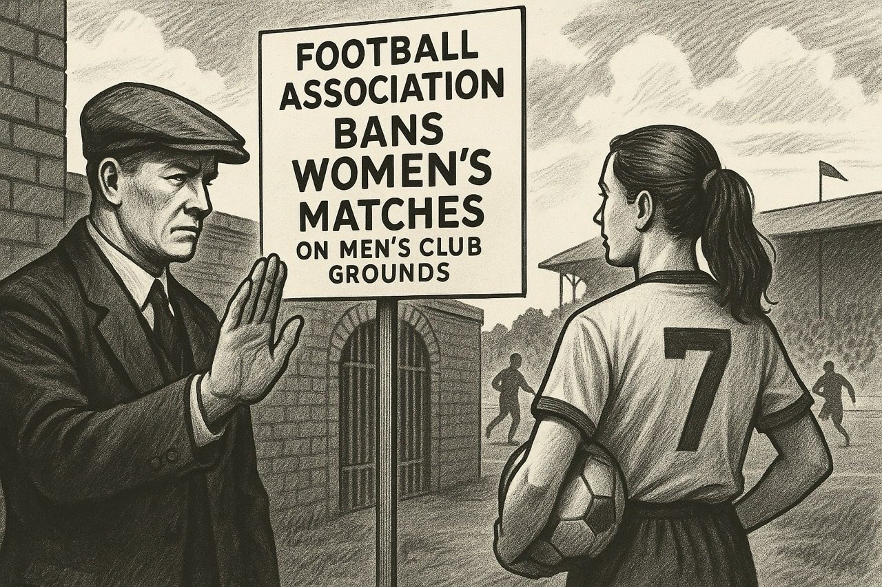 Man stops female footballer; sign: "FA Bans Women's Matches on Men's Club Grounds."