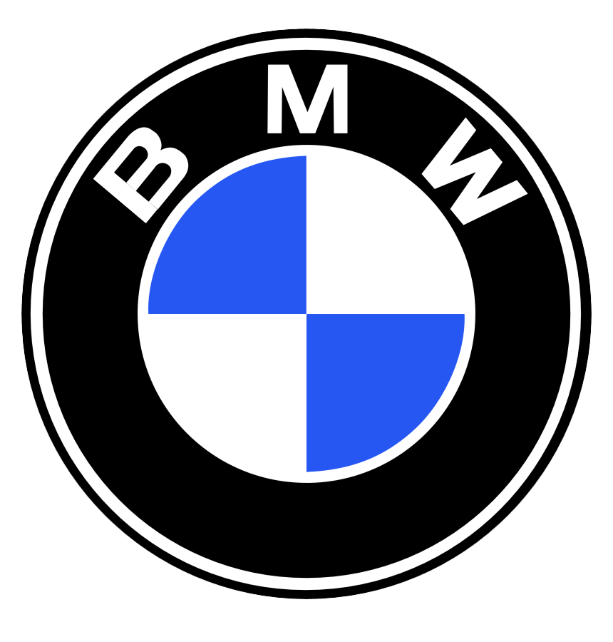 BMW logo: a black circle with white 'BMW' text, and a blue and white checkered inner circle.