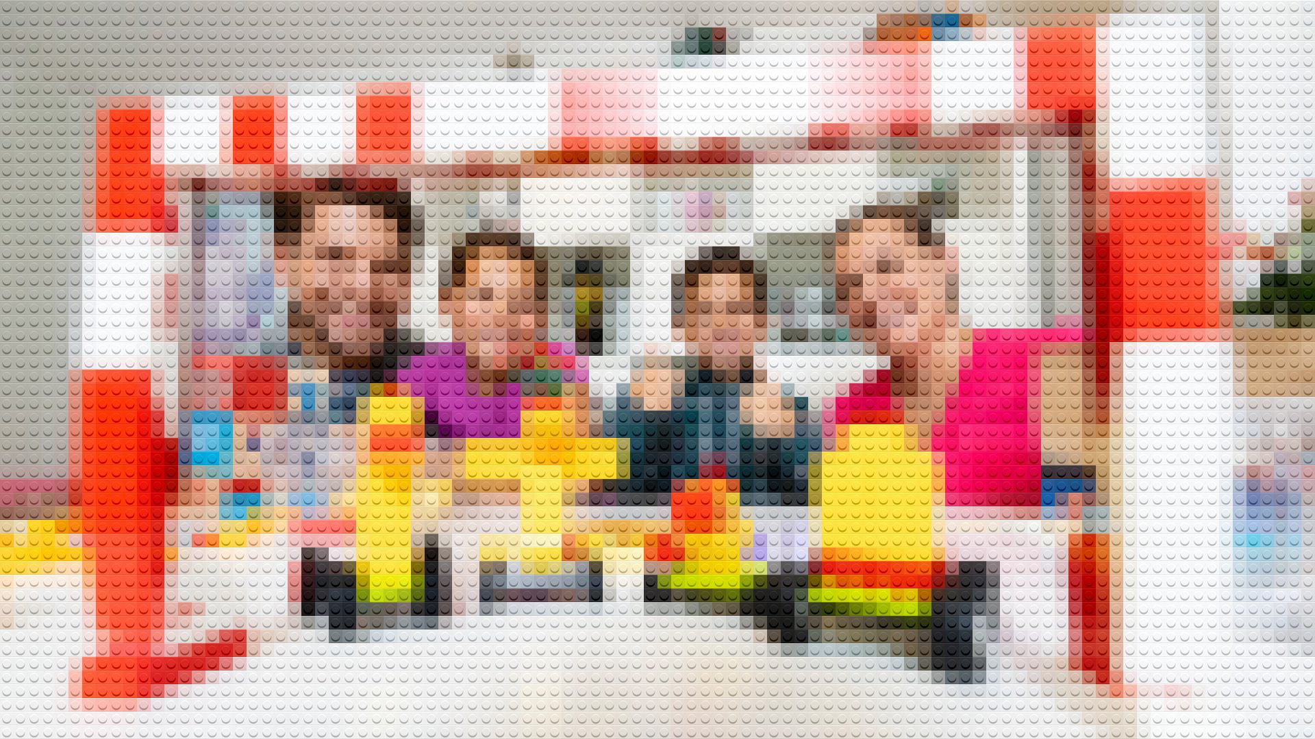 Lego mosaic of multiple blurred people in colorful attire.