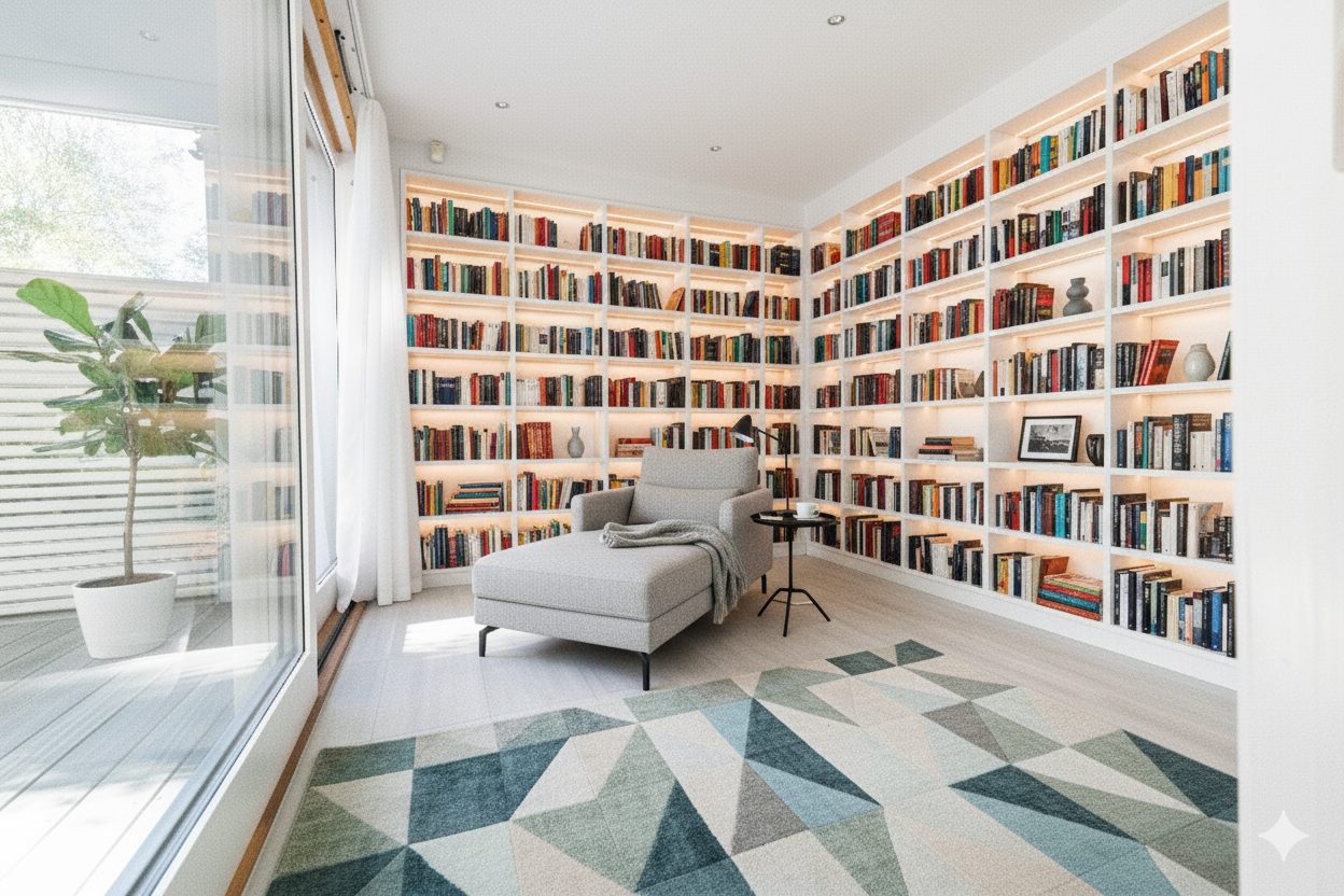 Illuminated wall-to-wall bookshelves, grey chaise lounge, geometric rug, and large window in a modern room.