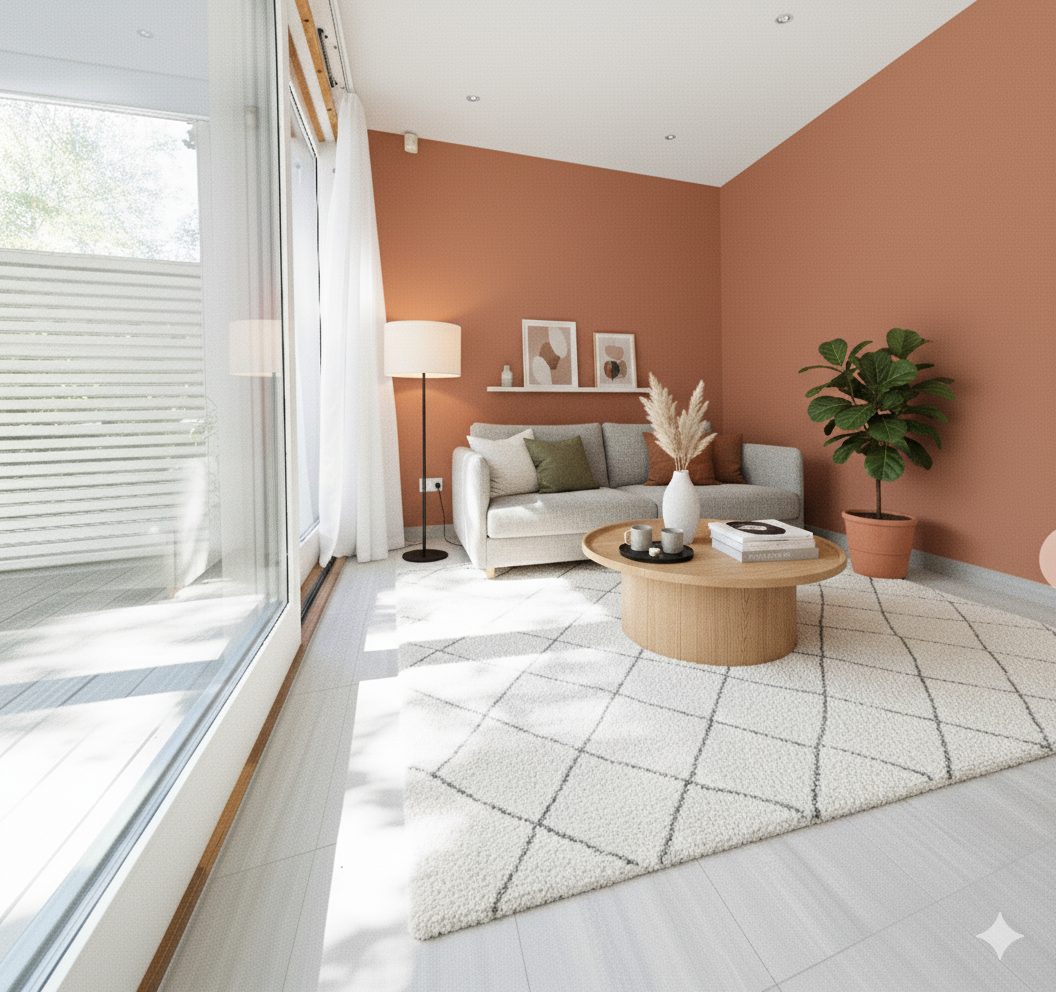 Modern living room with terracotta walls, gray sofa, wooden table, diamond-patterned rug, glass door.