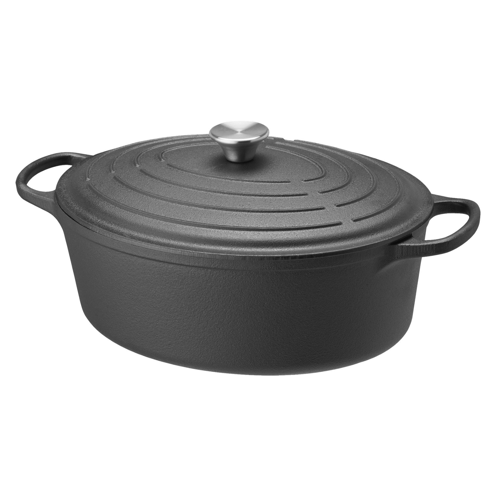 Oval black cast iron Dutch oven with a textured lid and a silver knob.