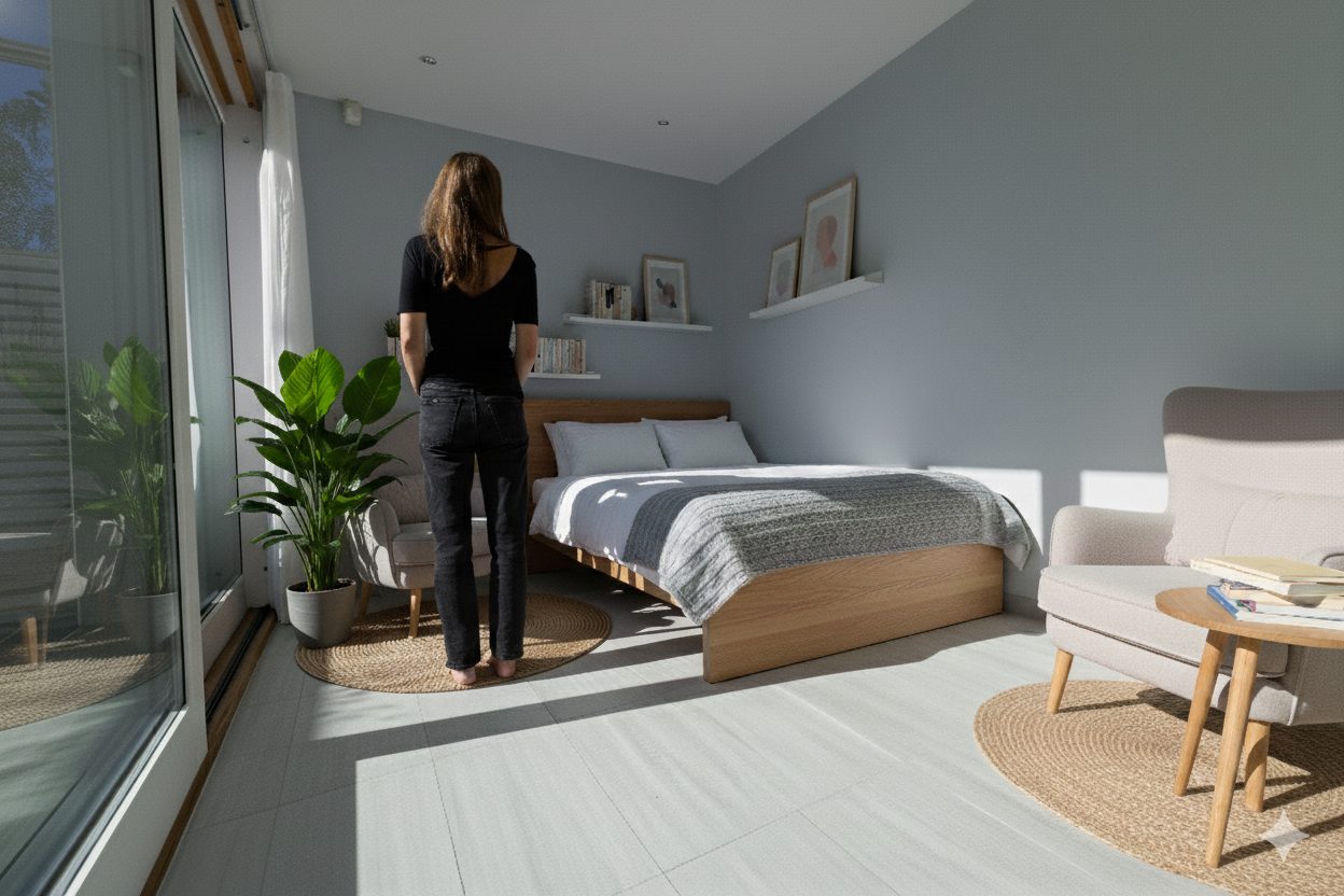 Woman stands in a sunlit modern bedroom with a large window, bed, armchair, and plants.