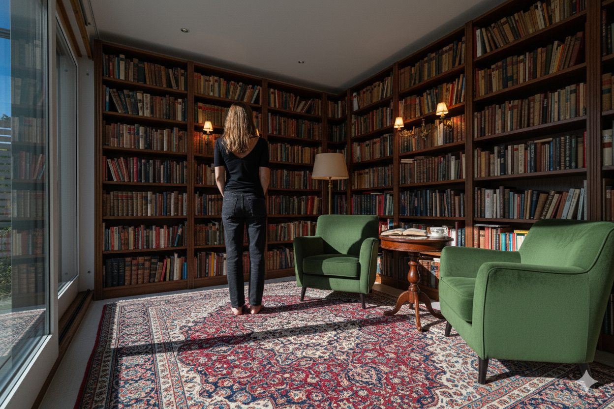 A woman stands in a sunlit library with bookshelves, two green chairs, and a patterned rug.