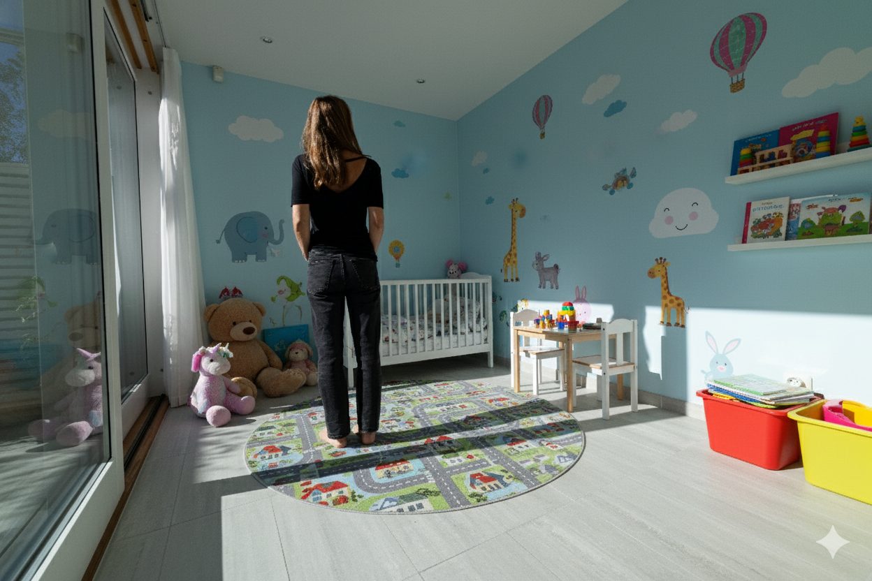 Woman in a bright nursery with animal wall decals, a crib, and a road map rug.