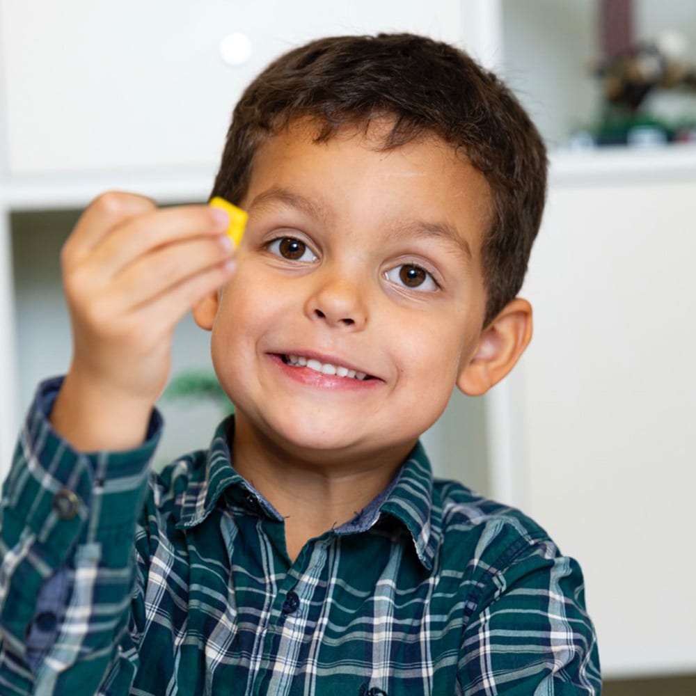 Smiling boy in a plaid shirt holding a yellow toy.