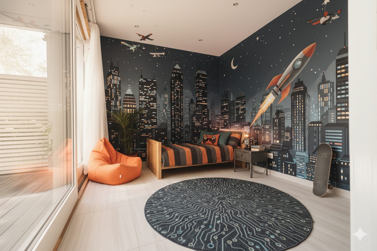 Child's room with city skyline and space mural, bed, orange bean bag, and circuit board rug.