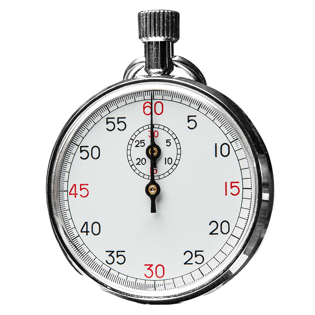 A silver stopwatch with a white face, both hands reset to zero.