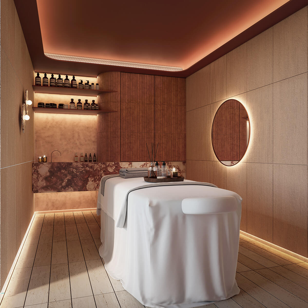 Serene spa room with a massage bed, warm cove lighting, textured walls, and natural wood and marble.