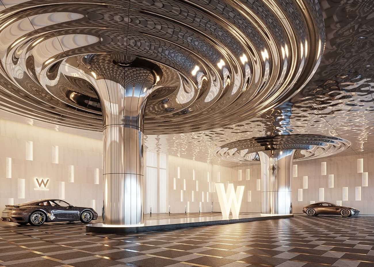 Luxurious W hotel lobby with chrome ceiling, trumpet columns, W logo, and two sports cars.