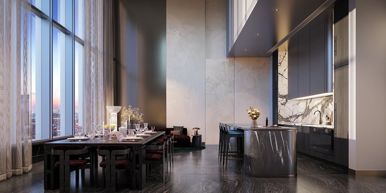 Modern dining room and kitchen with city views, dark furniture, and marble island.