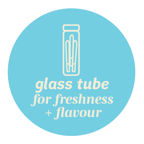 A badge with the text: "Glass tube for freshness and flavour."